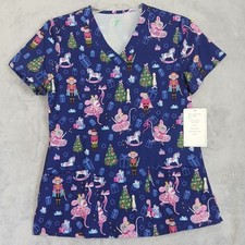 Women's Small Medical Nursing Scrub Uniform V-Neck Top Christmas Mouse NWT
