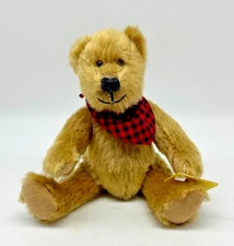 Vintage Bear Sunkid Fluffy Fully Jointed Plush Bear Red Check Scarf Germany