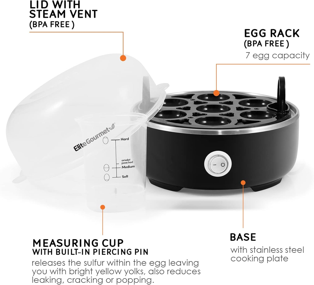 Elite Gourmet EGC115B Easy Egg Cooker Electric 7-Egg Capacity, Soft, Medium, Har Elite Gourmet EGC115B Easy Egg Cooker Electric 7-Egg Capacity, Soft, Medium, Har