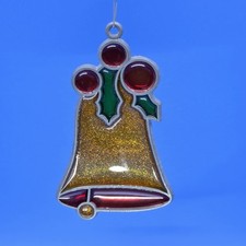 Vintage Faux Stained Glass Bell Christmas Ornament Holly