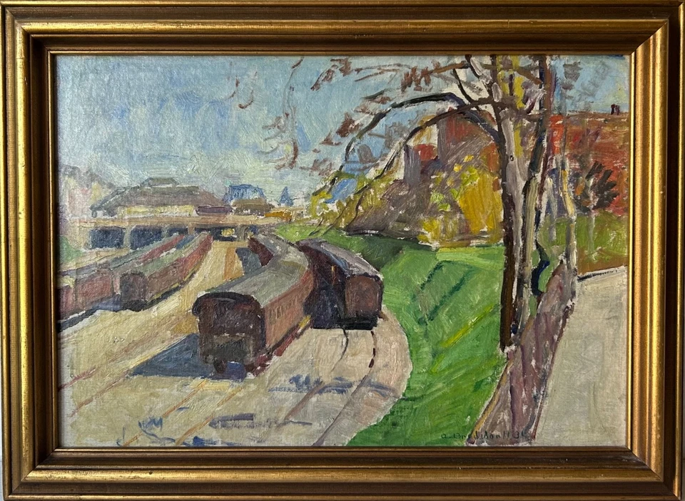 Ölbild Axel Bredsdorff 1934 Züge Wagons auf Abstellgleisen Bahnhof Stadtbild - Bild 2 von 4