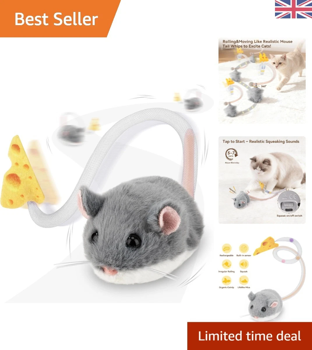 MigiMouse Interactive Cat Toy - 360° Rolling Plush with Wiggling Tail & Squeaker