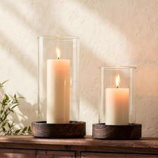 Set of 2 Hurricane Candle Holders with Wood Base Glass Cylinder 4.2x5.9 ...