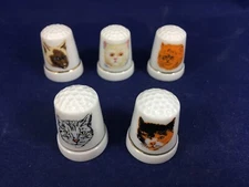 Cat Thimbles Set of 5 Kitty Cat Porcelain Kitten Sewing Thimbles Vintage