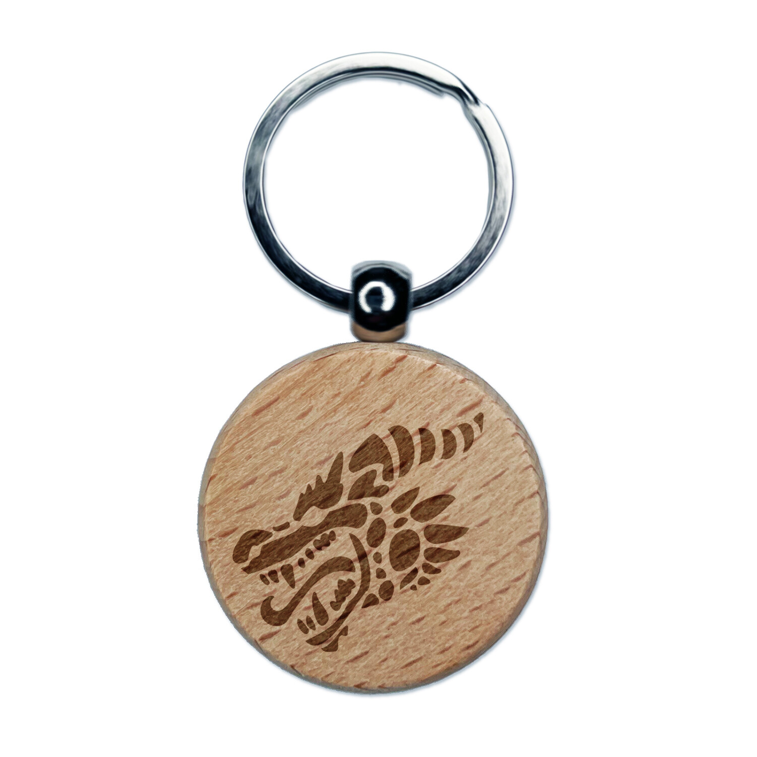 Dragon Head Side View Tongue Out Engraved Wooden Round Keychain Charm  