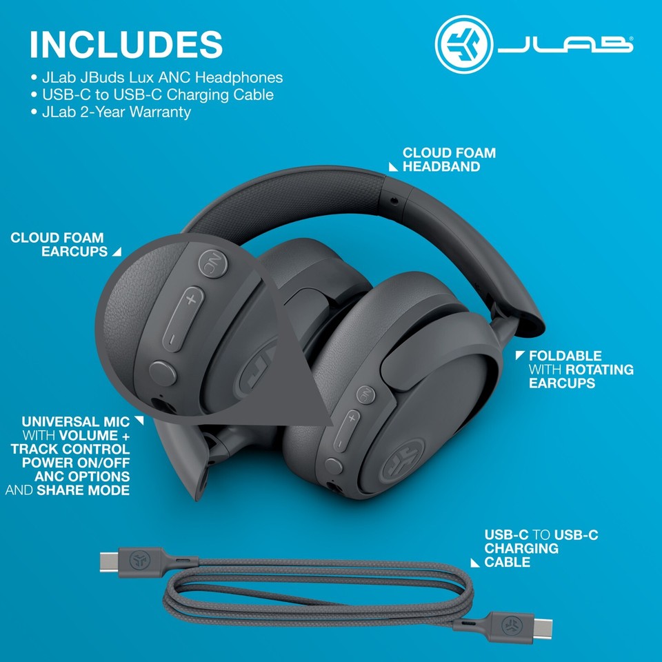 JLab JBuds Lux ANC Wireless Over-Ear Headphones Noise Cancelling 70H ...