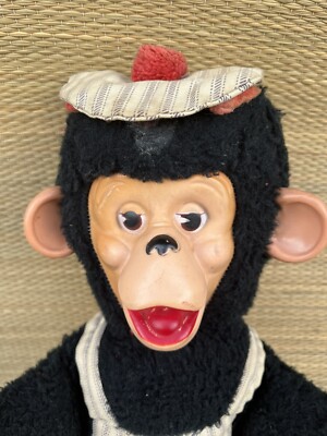 Vintage Rubber Face Plush Monkey Chimp With Striped Hat Overalls