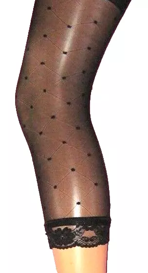 Spotty Square Black 3/4 Footless Tights Lace Trim XS/S Ladies Semi Sheer dot