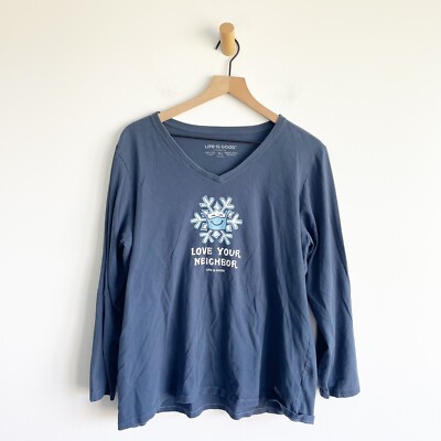 Life Is Good Women's Crusher T Shirt LS Love Your Neighbor Snow Flake Blue XL