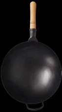 Wok Pan 13.5" Pre-Seasoned Carbon Steel Round Bottom Traditional Wood Handle