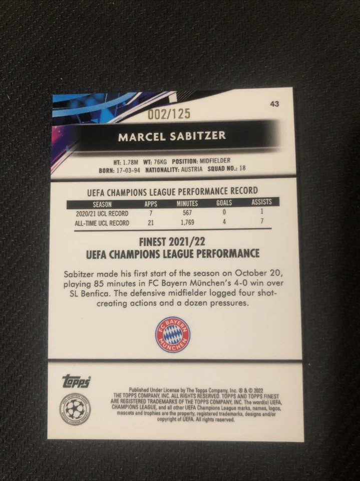 2021-22 Finest Champions League Purple/Pink Vaporwave #43 Marcel Sabitzer /125 - Image 2 of 2