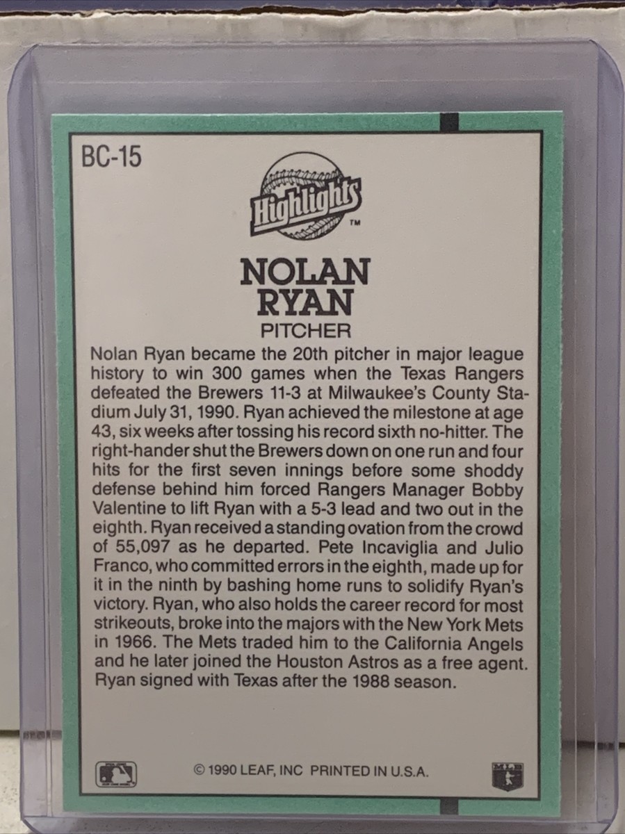1991 Donruss Nolan Ryan #BC-15 **300th Win-Rare Error Card, No Dot