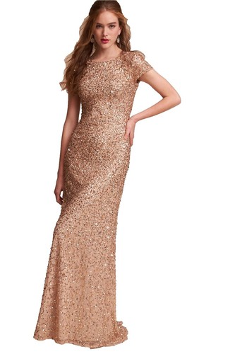 sequin beaded cocktail dress with flutter sleeves and scallop trim Multi Colored Flutter Sleeve Floral Sequin Beaded Lace Gown main image 0