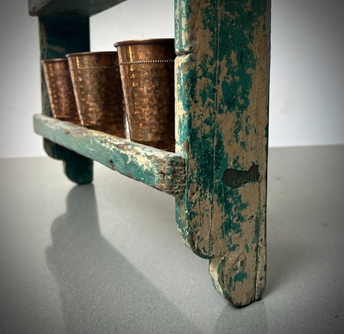 VINTAGE INDIAN SHELVING UNIT ART DECO DISTRESSED CAPPUCCINO GREEN & GREY TEAK - Picture 18 of 18