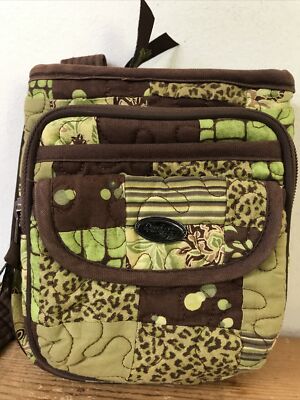 Donna Sharp Brown Green Cotton Quilted Pocket Small Shoulder Bag Travel Purse