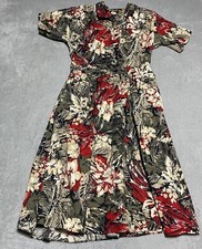 Vintage Stuart Alan Dress Womens 12 Green Red Floral Short Sleeve Button Hawaii