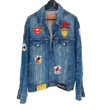 Vintage Levi's Mens Collared Custom Mixed Patches Long Sleeve Denim Jacket Blue