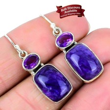 Russian Charoite Stone Engagement Dangle Birthday Hook Wife Earrings 925 Silver