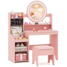 Children Makeup Table Set Kids Vanity Desk with Mirror and Lights Pink