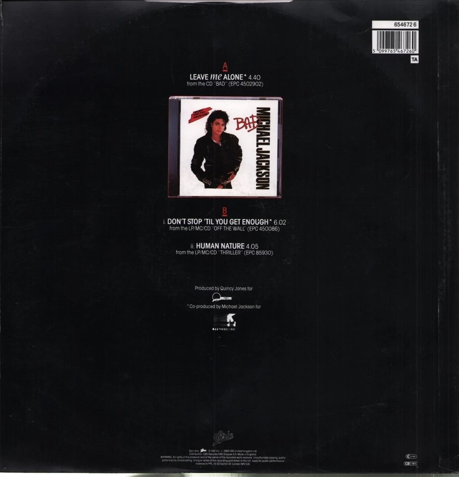 Michael Jackson Leave Me Alone 12" vinyl UK Epic 1989 12". ringwear to pic - Image 2 of 2