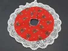 Vintage Handmade Red Christmas Mini Feather Tree Skirt Red Lace 9"dia  D3386