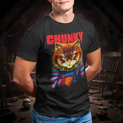 Chunky Killer Cat T-Shirt - Lustiges Horror Parodie Tee, Grafik Katzenliebhaber Geschenk