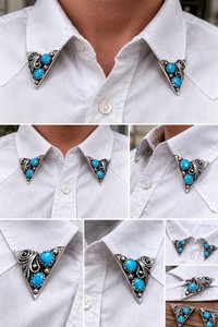 VTG Sterling Silver Turquoise Collar Tips Set Floral Engraved Shirt Accessories