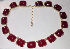 KJL Kenneth Jay Lane Ruby Red Jelly Cabochon Gold Bezel Link Necklace 17” to 20”