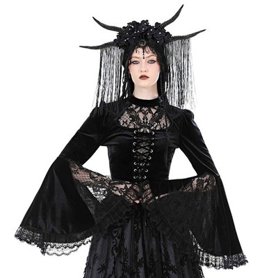 DARK IN LOVE Gothic Oberteil Samt Spitze Schwarz Geschnürt Medieval Velvet Top