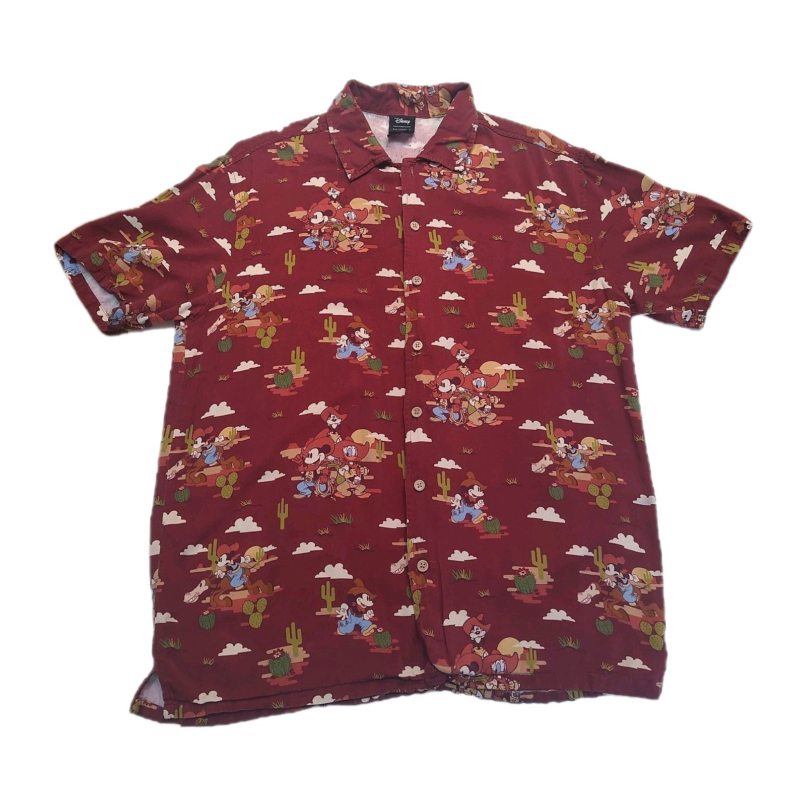 Disney Mickey Mouse Western Sz S Camp Shirt Men's Desert Print Button Up Maroon