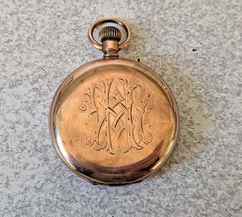 ANTIQUE  GOLD FILLED WALTHAM TRAVELER  FULL HUNTER POCKET WATCH TICKS BUT STOPS