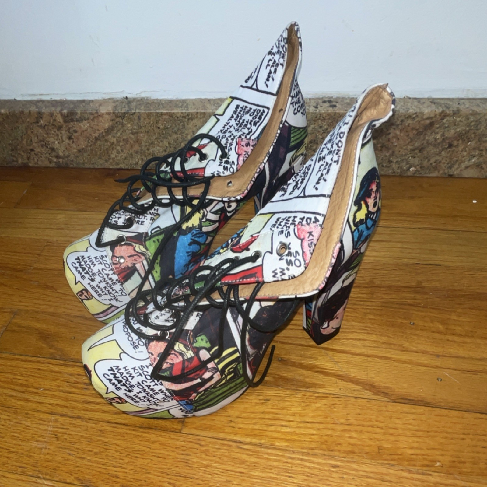 Bumper Comics Pattern Lace-Up Platform Block Heel… - image 2