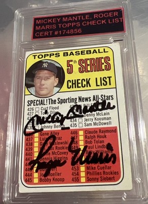 Mickey Mantle & Roger Maris Signed Baseball Checklist Card.