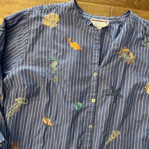 Top Johnny Was Talla Grande 1X Azul Rayas Bordado Costero Foto 4 de 4