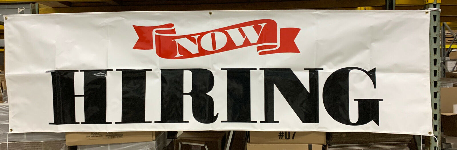 3'x10' NOW HIRING BANNER WITH ROPE AND GROMMETS- IN STOCK READY