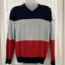 Tommy Hilfiger Men's L Blue Gray Red Wide Striped V-Neck Cotton Sweater