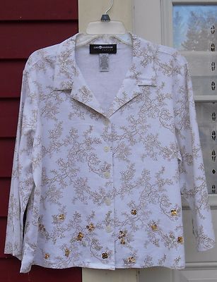 SAG HARBOR White/Brown Sequined 3/4 Sleeved Linen Blend Button Shirt 16P (46'')