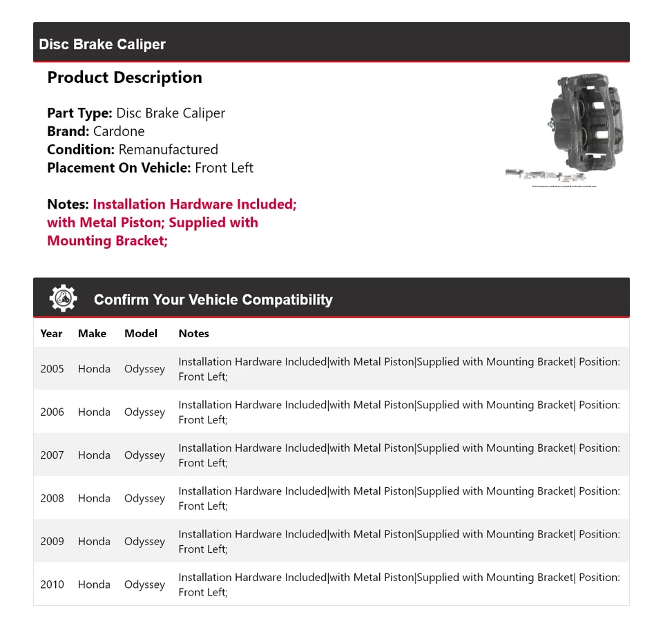 Pinça de freio a disco dianteira esquerda Cardone 2006 2007 2008 para 2005-2010 Honda Odyssey - Imagem 2 de 4