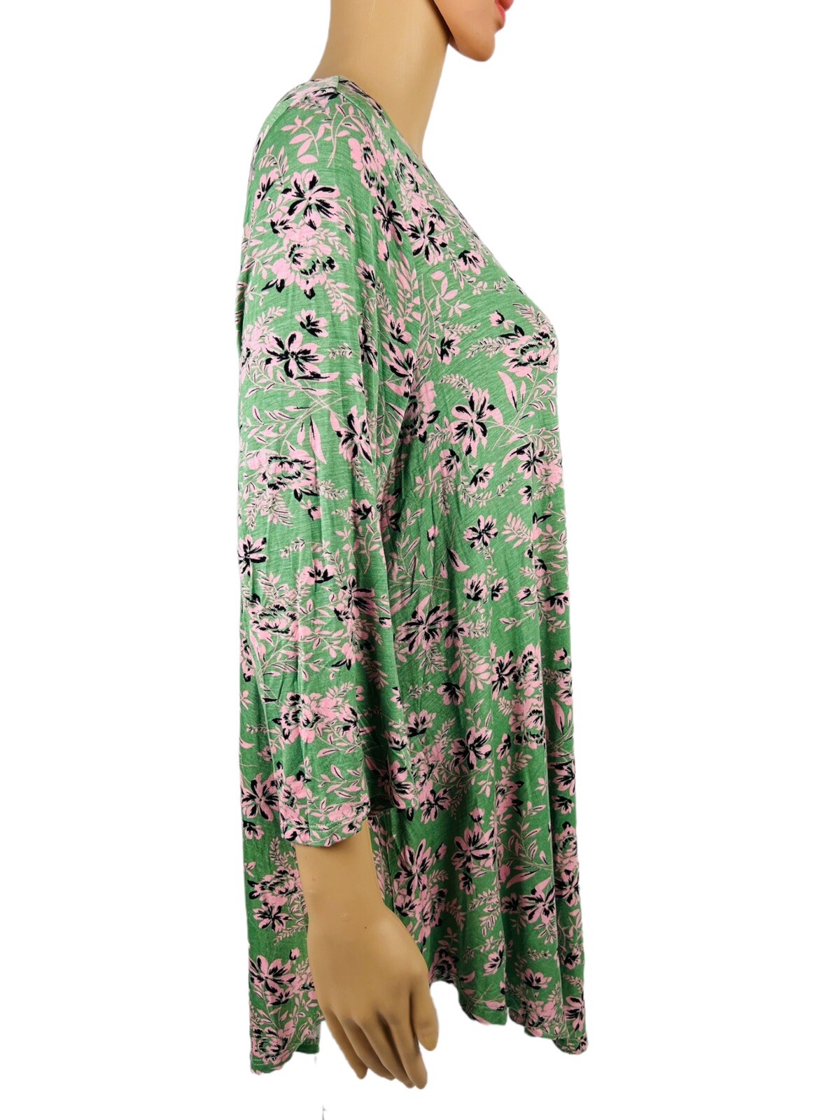 Joan Vass Womens Top Green Floral Pink 3/4 Sleeve Rayon Stretch Flare NWT $48