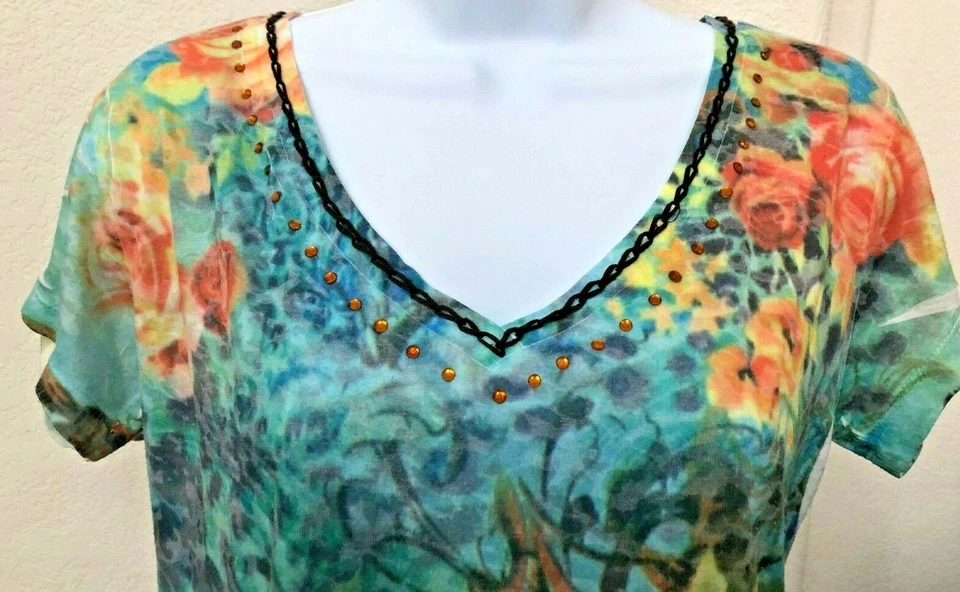 Top manga corta adornado tejido suave floral azul y coral SPY Zone Exchange XL Foto 3 de 4