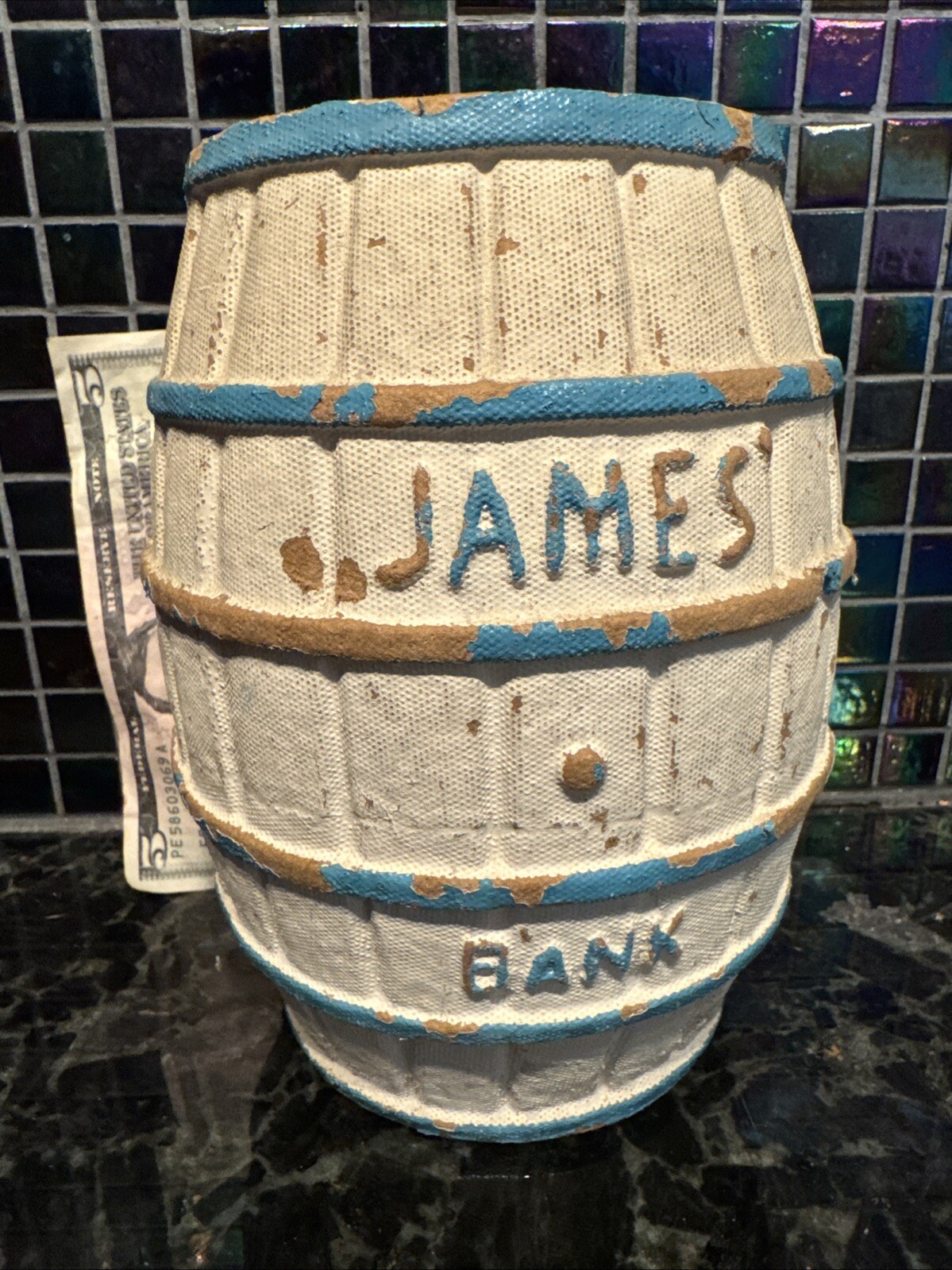 JAMES CANDY SALT WATER TAFFY BARREL BANK VNTG PAPER MACHE  7” ATLANTIC CITY USA