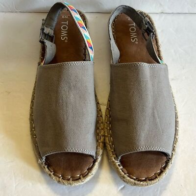 NWOT TOMS hemp grey tribal open toe sling back flat espadrilles