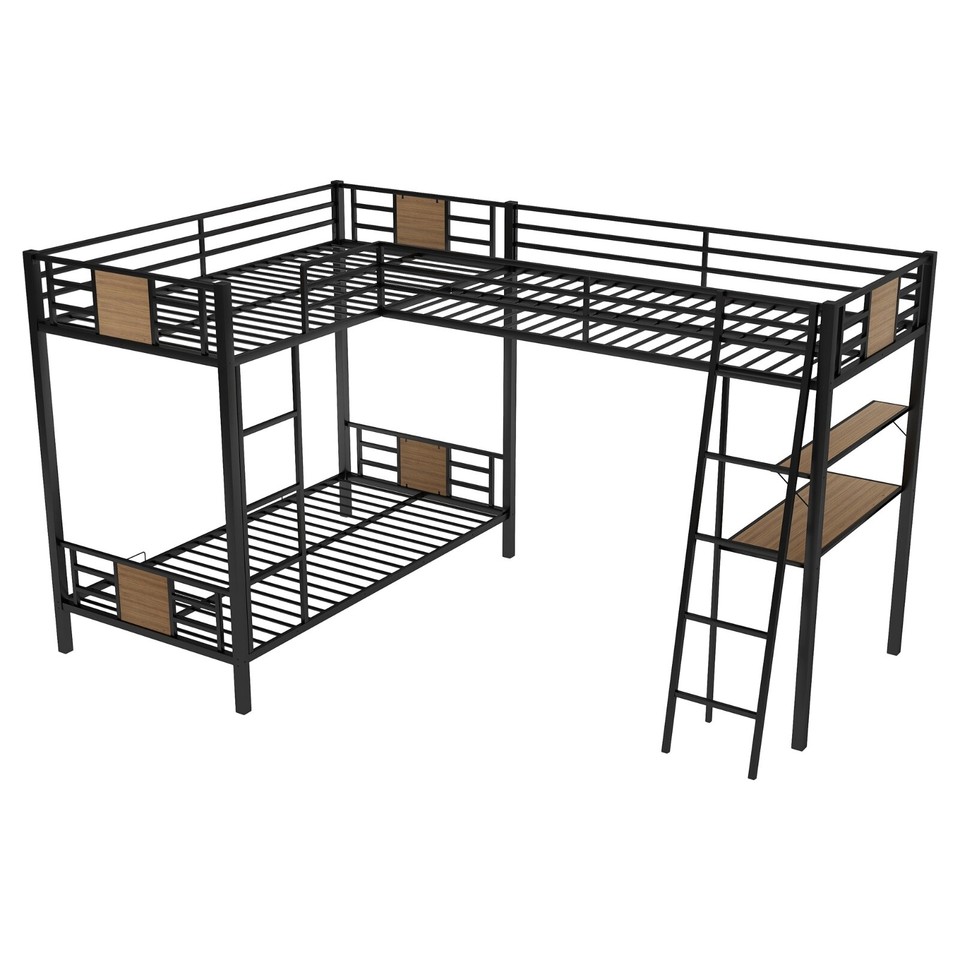 LShaped Twin Bunk & Loft Bed with Desk and Shelf, Brown eBay