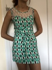 M.BUTTERFLY Womens Green Patterned Mini dress with Lace Inset & Belt Size 8