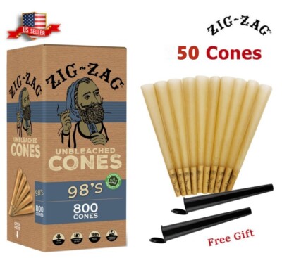 Zig-Zag  Unbleached Paper Cones 98mm Size 50 Pack & Free 2 Tubes