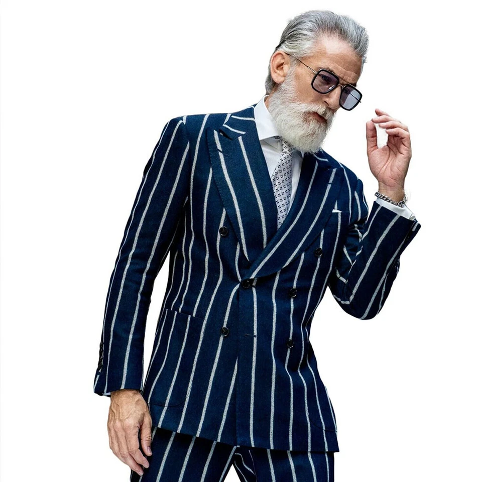 Navy Blue Striped Men Suits Double Breasted Peak Lapel Tuxedos Wedding Blazer - Image 3 of 4