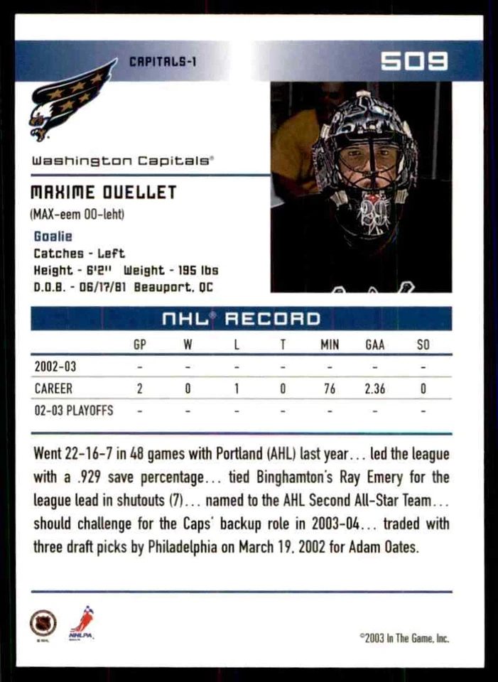 2003-04 In The Game Action Maxime Ouellet #509 - Image 2 of 2