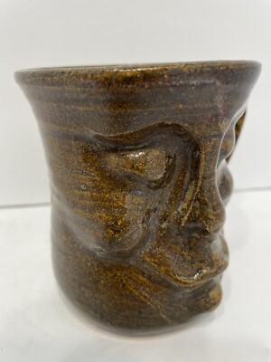Pottery Face Mug, Signed, Brown Mixed Color, 4 1/2  Tall, Unique, Different