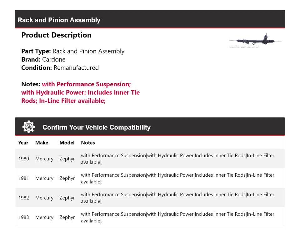 Conjunto de piñón y estante Mercury Zephyr 1980-1983 Cardone 1981 1982 Foto 2 de 4