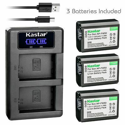 Kastar DUAL LCD USB SLIM Charger & 3 Battery for Sony NP-FW50 (Horizontal Style)